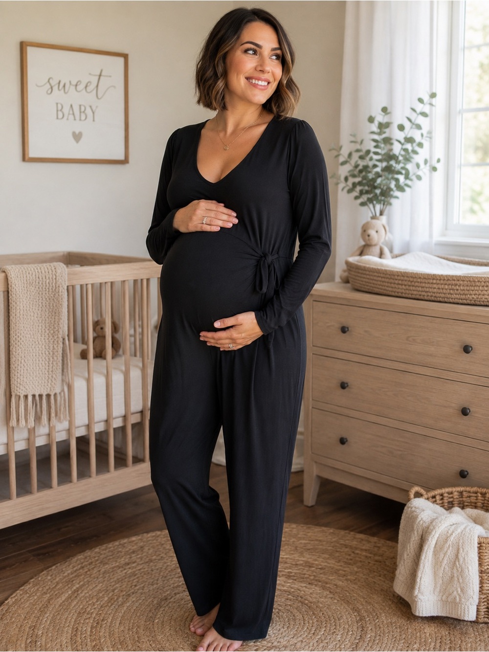 The Nines by HATCH Black Long-Sleeve V-Neck Maternity Jumpsuit
